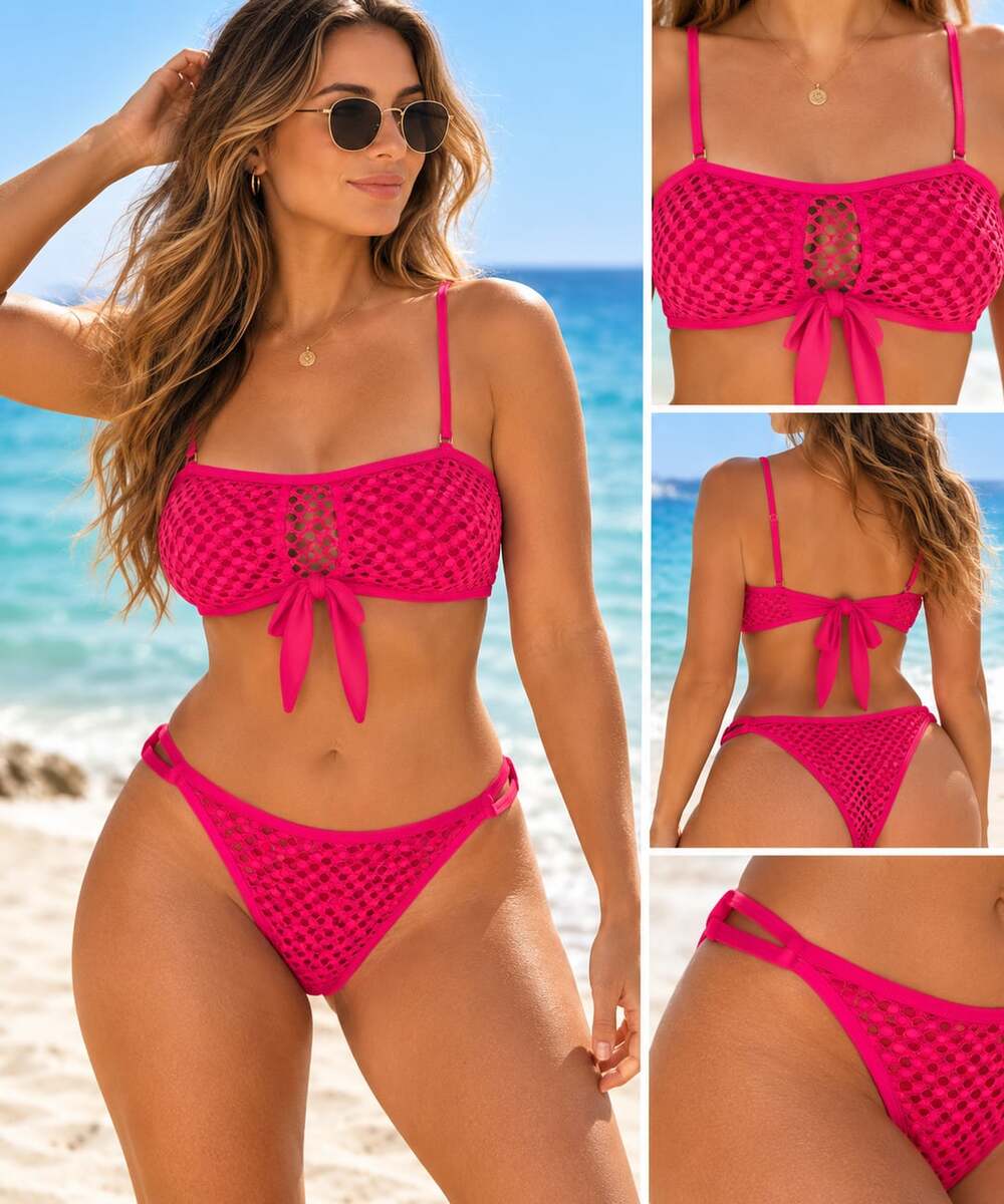 Zaful Neon Pink Fishnet Bikini SwimsuitSet XL New